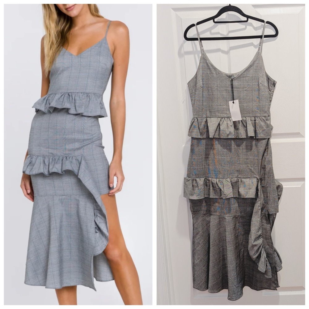 Cottagecore Asymmetric Dark Academia Plaid Ruffle Midi Dress Grey Lab NWT Medium